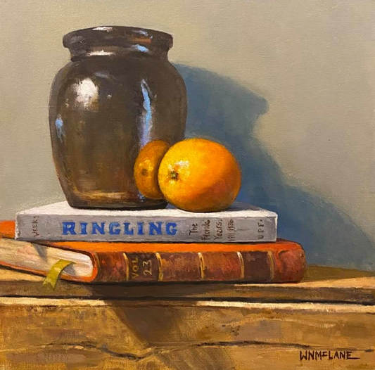 Still Life with Orange, Brown Vase and Books