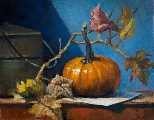 Pumpkin with Autumn Leaves and Antique Coal Miner’s Lunch Pail